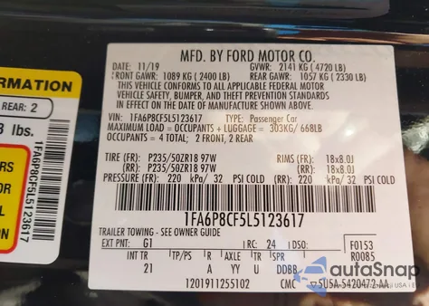 2020 Ford Mustang Gt Fastback из США, поврежденный, VIN 1FA6P8CF5L5123617